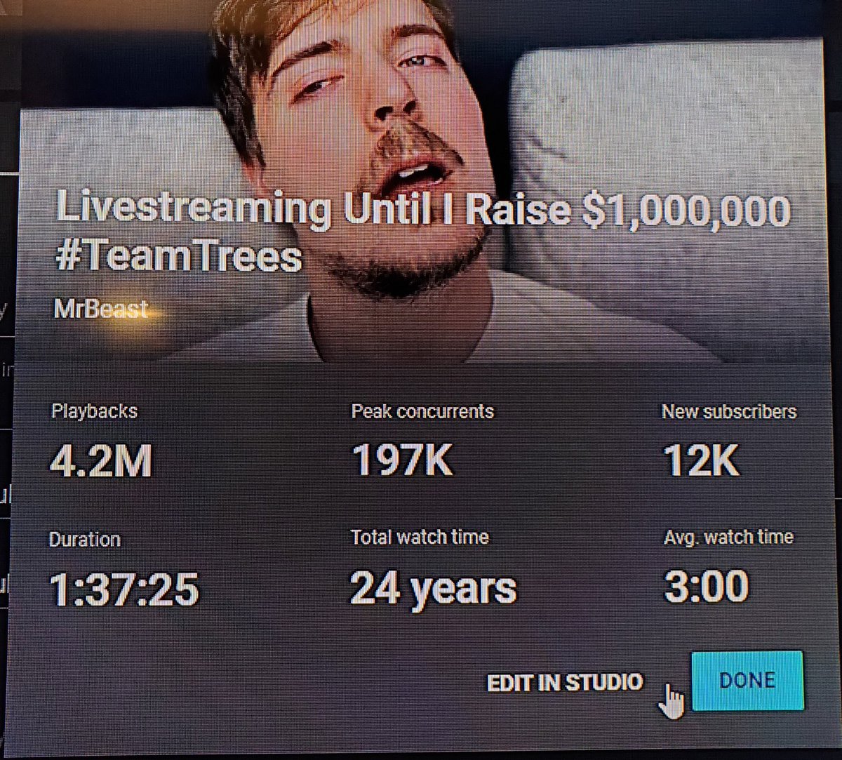 One of my best memories was helping @MrBeast setup his stream for #teamtrees back in 2019.

Planting 20 millions trees for hitting 20 million subs.

$1 = 1 Tree. It was amazing to be apart of.