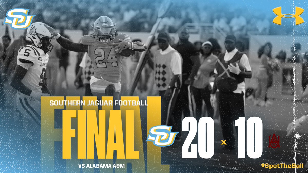 SouthernUsports's tweet photo. Final from A.W. Mumford Stadium.
SU - 20
Alabama A&M - 10
The Jaguars will be back in action on September 30 at UAPB.
#GoJags | #SouthernIsTheStandard | #ProwlOn | #ElevateTheStandard https://t.co/ZX9QV4ct6k