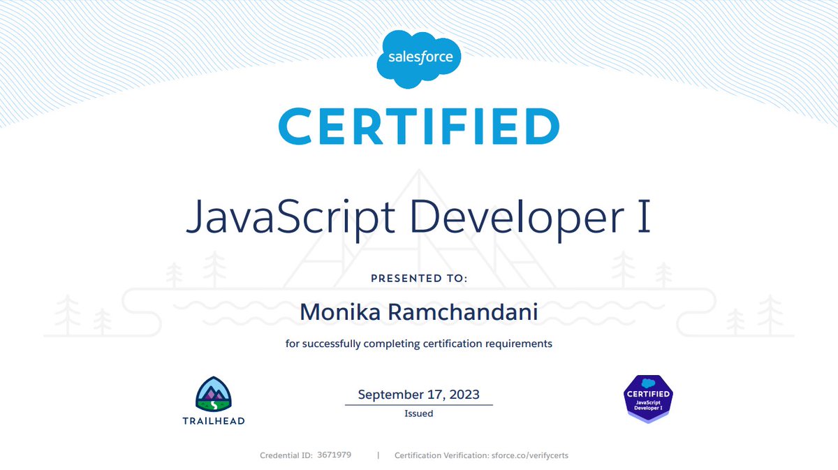 monikasfdc's tweet image. Starting my Sunday as a Certified JavaScript Developer 🎉😊
@salesforce @trailhead @SalesforceDevs
#certified #javascriptDeveloper #jsdev #salesforce #salesforcecertified #sunday