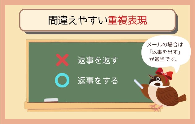 writer_suzume's tweet image. 【🐤間違えやすい重複表現🐤】

❌返事を返す

⭕️返事をする

メールやチャットなら「返事を出す」や「返信する」が適切です👌

#webライターとつながりたい