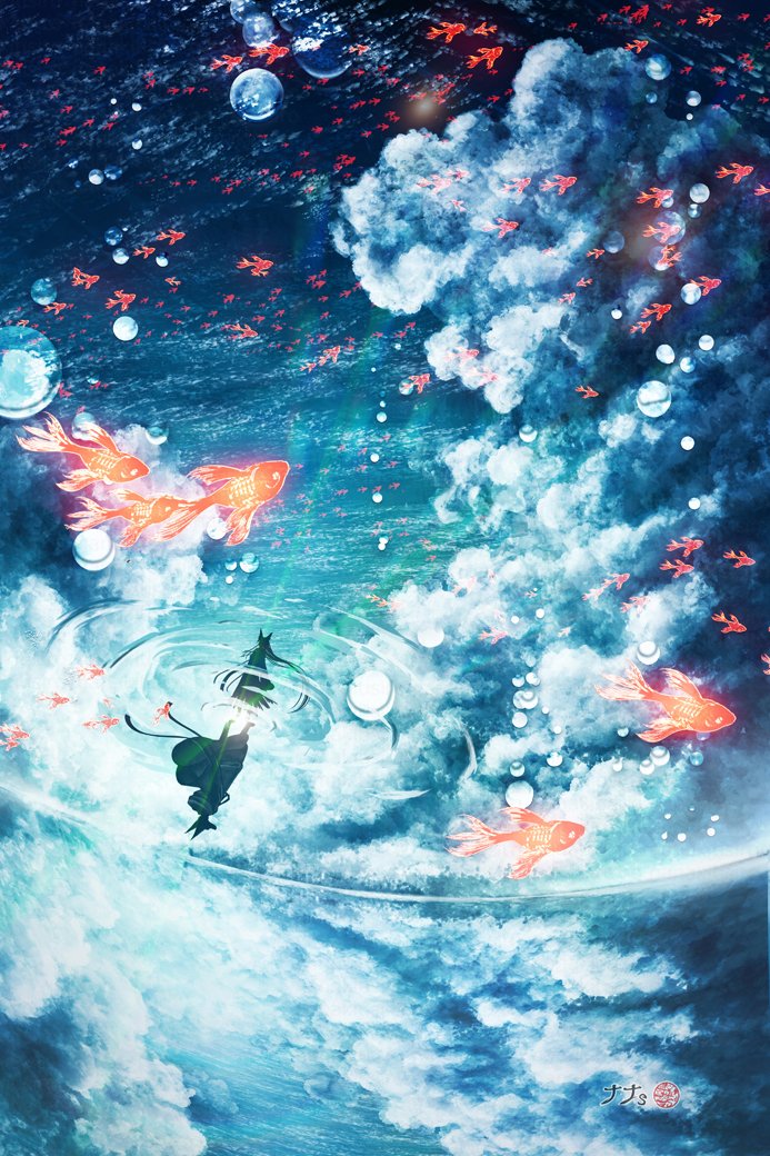 fish cloud solo goldfish sky long hair scenery  illustration images