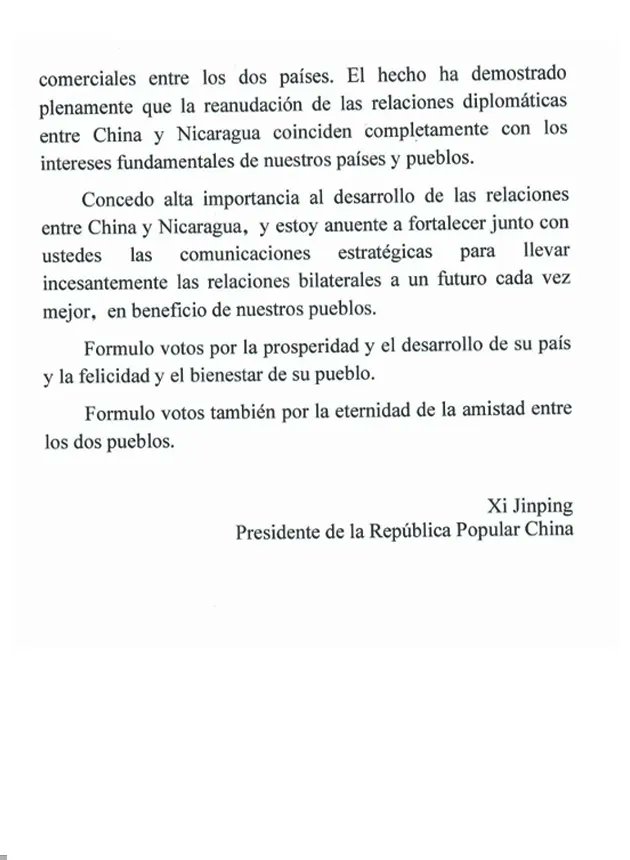 "Formulo votos por la prosperidad y el desarrollo de su país y la felicidad y el bienestar de su pueblo. Formulo votos también por la eternidad de la amistad" 🇨🇳🇳🇮

✅Presidente de la República Popular #China Xi Jinping felicita a #Nicaragua por sus fiestas patrias