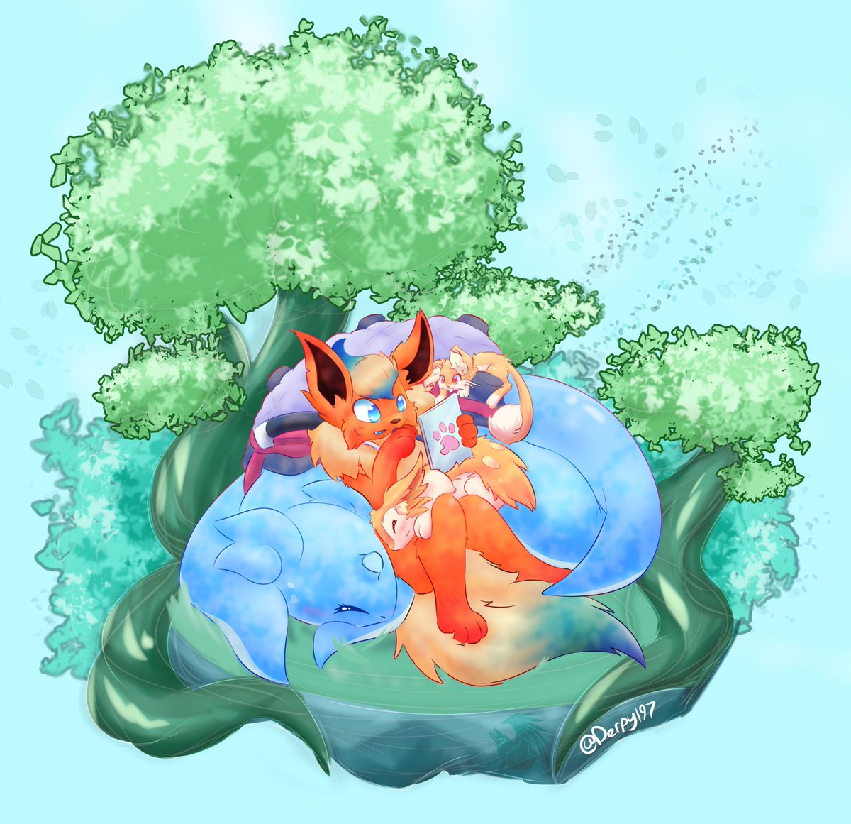 A gift for someone special to me 💓
Fina,Mawzi and Rumi in a snuggle pile with <a href="/Techno_Otaku/">🔥Techno Otaku🌊(Comms: Open, but steady )</a> 

i should do these pop-up style more often, it looks better with transparent bg >w>