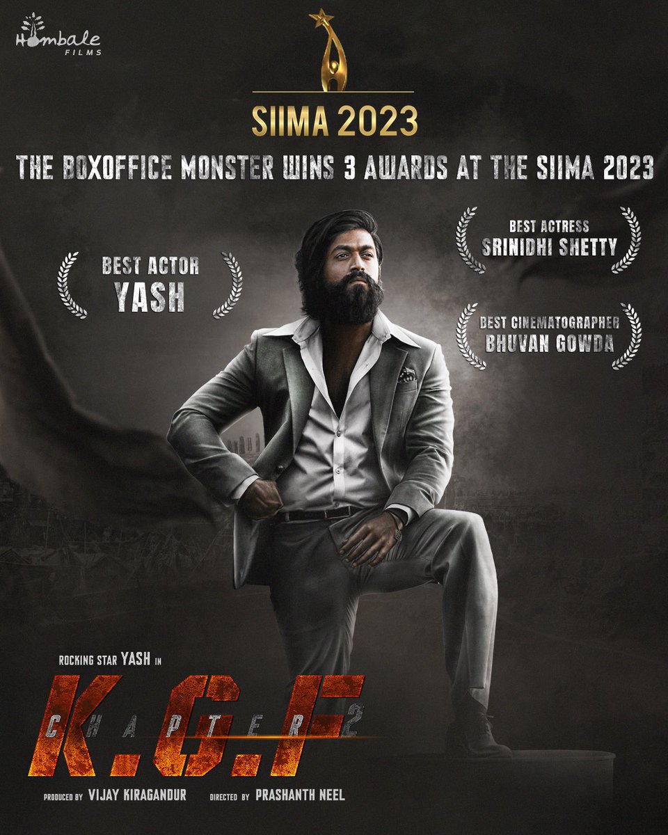 We’re elated to share that #KGFChapter2 has won 3 awards at #SIIMA2023! A massive shoutout to our exceptional team, whose unwavering commitment made this achievement possible. We extend our heartfelt gratitude to the jury of @siima for the recognition.