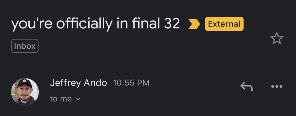 pashan965's tweet photo. this is so crazy 

we fkn made the final 32. 

huge shout out to @_buildspace and @FarzaTV - and every one else that supported us.

if you liked our project, and (us hopefully haha) come and vote for for ace it tomorrow. 

we’re up to compete for $25k, and that’s crazy. https://t.co/yHyKG8E9R7