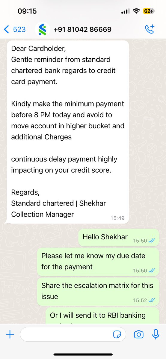 arkadebjyoti's tweet photo. @StanChartIN @StanChartHelpIN Please let me know how your team is sending msg from there personally whatsapp number using standard Chartered Bank as profile picture. Even before due date they are calling and asking to pay credit cards.@StanChart  its breach privacy policy https://t.co/Z2Khidytl9