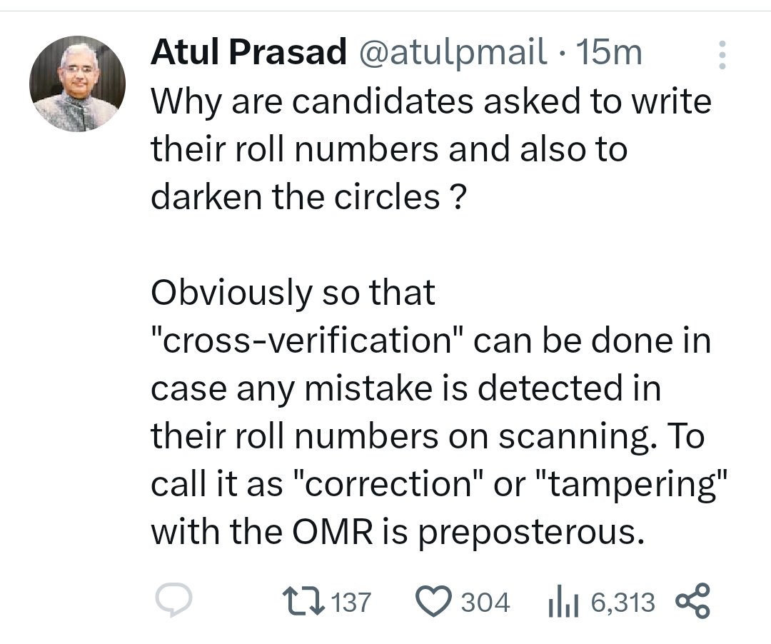 masterabhinit's tweet photo. अभ्यर्थियों को अपना रोल नंबर लिखने और गोले को काला करने के लिए क्यों कहा जाता है?

जाहिर है ताकि स्कैन करने पर उनके रोल नंबर में कोई गलती पाए जाने पर "क्रॉस-वेरिफिकेशन" किया जा सके। इसे ओएमआर के साथ "सुधार" या "छेड़छाड़" कहना बेतुका है।

#BPSC_TRE
#BPSC_TRE_Result #bpsc #bihar https://t.co/QloSdBN0W1