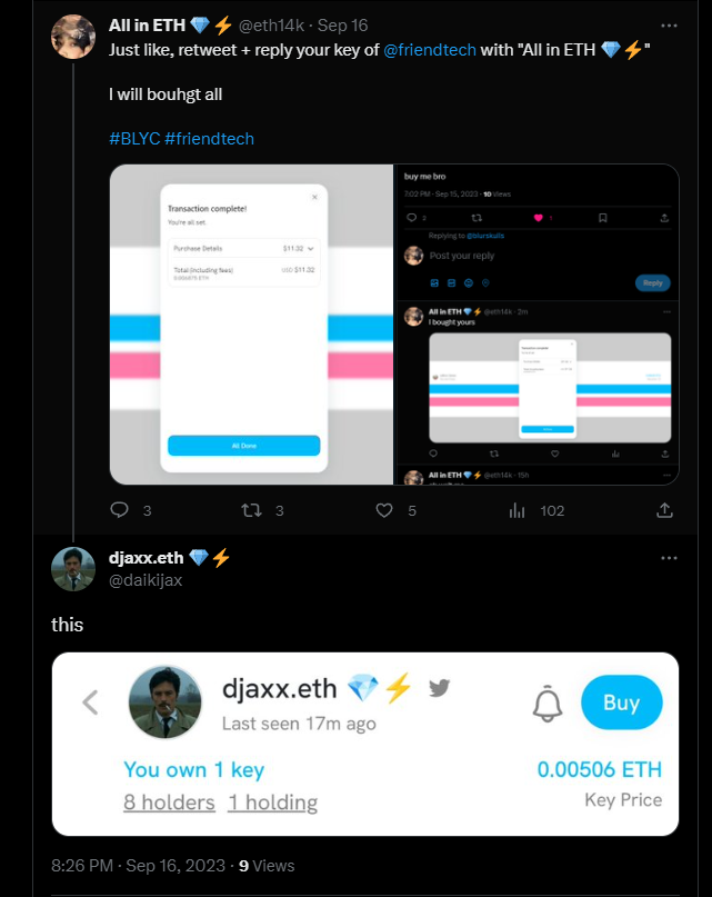 eth14k's tweet photo. New day begins, I bought all key of who reply me! @friendtech 

Just need to like + retweet + reply your name below this post, I will bought your key https://t.co/uCo0kUUSDd