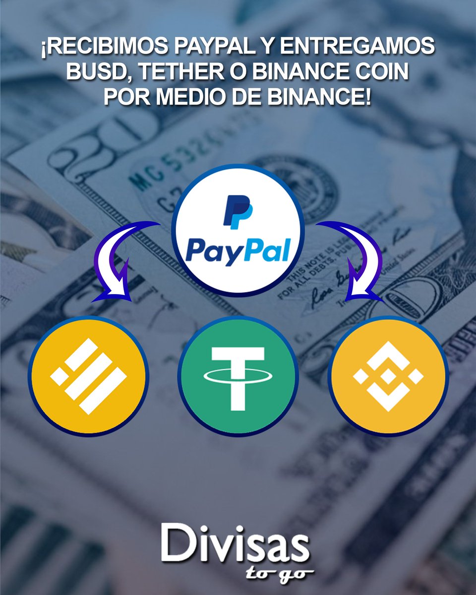 Divisastogove's tweet photo. ¡Recibimos Paypal y entregamos Binance USD (BUSD) Tether (USDT) Binance Coin (BNB) o la criptomoneda de tu preferencia por medio de Binance! 🤝🏻

¡Somos la casa de cambios de las criptomonedas! 😎 https://t.co/fGqgeFdoeZ