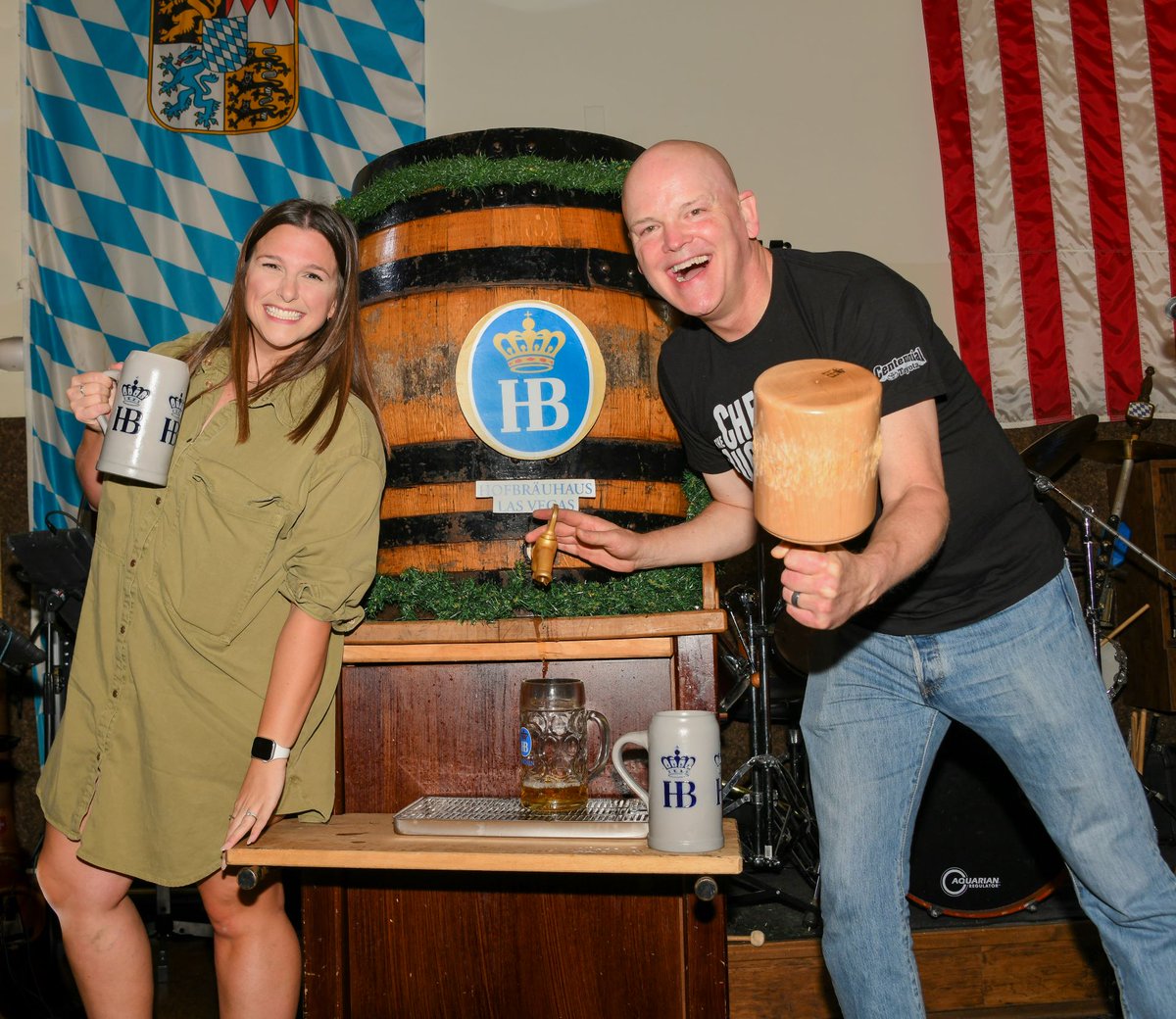 HofbrauhausLV's tweet photo. What an incredible time with @chetbuchanan and @RadioKayla from @985KLUC! 🎉 Chet's keg tapping skills were on point! 🥳 We had an absolute blast and made unforgettable memories! Thank you so much for the fantastic evening! Prost! 🍻 #GoodTimes #KegTapping #Oktoberfest #985KLUC https://t.co/n1r74iEEAJ