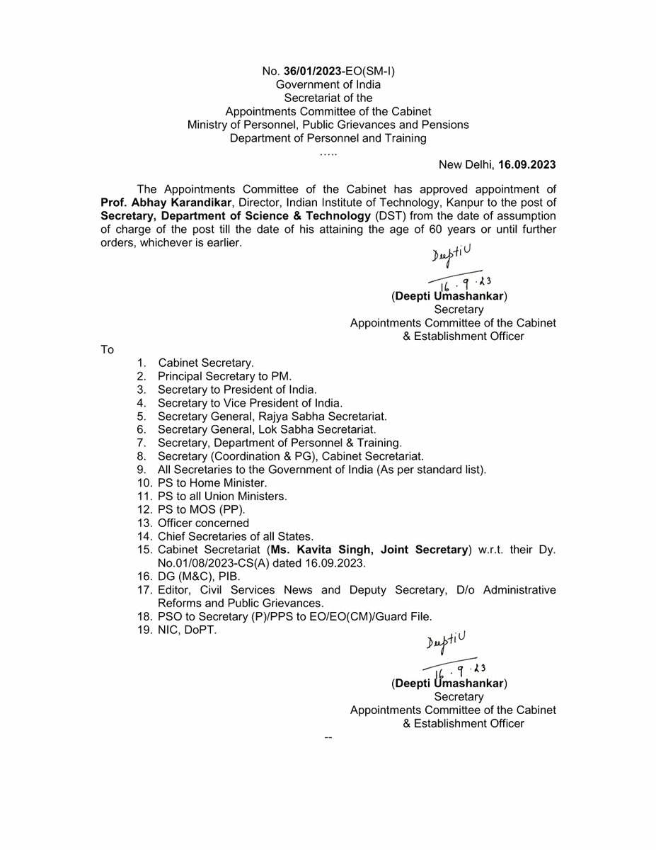 The Appointments Committee of the Cabinet has approved the appointment of Prof. @karandi65, Director, @IITKanpur to the post of Secretary, @IndiaDST. @PMOIndia @DrJitendraSingh @PrinSciAdvGoI @rajesh_gokhale @guptaakhilesh63 @DrNKalaiselvi