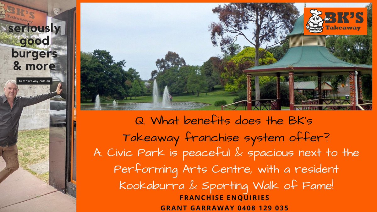 6a1e293b4ae04d6's tweet photo. Q. "What benefits does the #BKsTakeaway #franchise system offer?" 
A. "Civic Park is peaceful &amp; spacious next to the Performing Arts Centre, with a resident Kookaburra &amp;  a Sporting Walk of Fame!"

Grant 0408 129 035 
https://t.co/qvBByVwZNC 

#beyourownboss #treechange #Warragul https://t.co/q9GtRx74E7