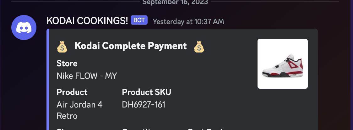 thanks to Bot : @KodaiAIO Proxies : @WolvesProxy CG : @SparklesNotify