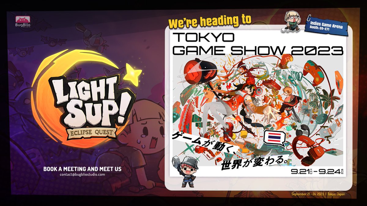 🚨Come and greet us at <a href="/tokyo_game_show/">TOKYO GAME SHOW／東京ゲームショウ</a> indie games zone :3 (Booth 09-E71)
🎮We got an exclusive version to have fun with your friends 
.
🕯️May the light always guide you.💡

#LightSup #steam #bugbliostudio #indiegame #SteamStore #wishlist #TGS2023 #TokyoGameShow