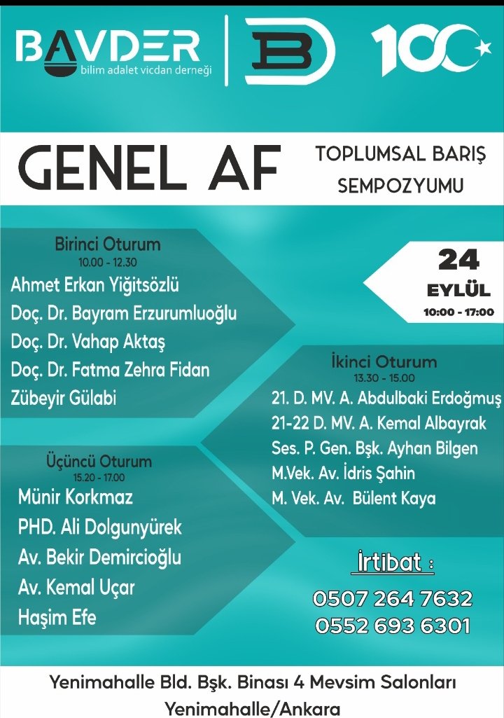 🌟24 Eylül Pazar 
🌟Saat 10:00
Yenimahalle Belediye Başkanlığı Dört Mevsim Salonları 
🌟  Herkesi bekliyoruz.
@BavderD
@Turkiye_KHK
@khktelevizyonu