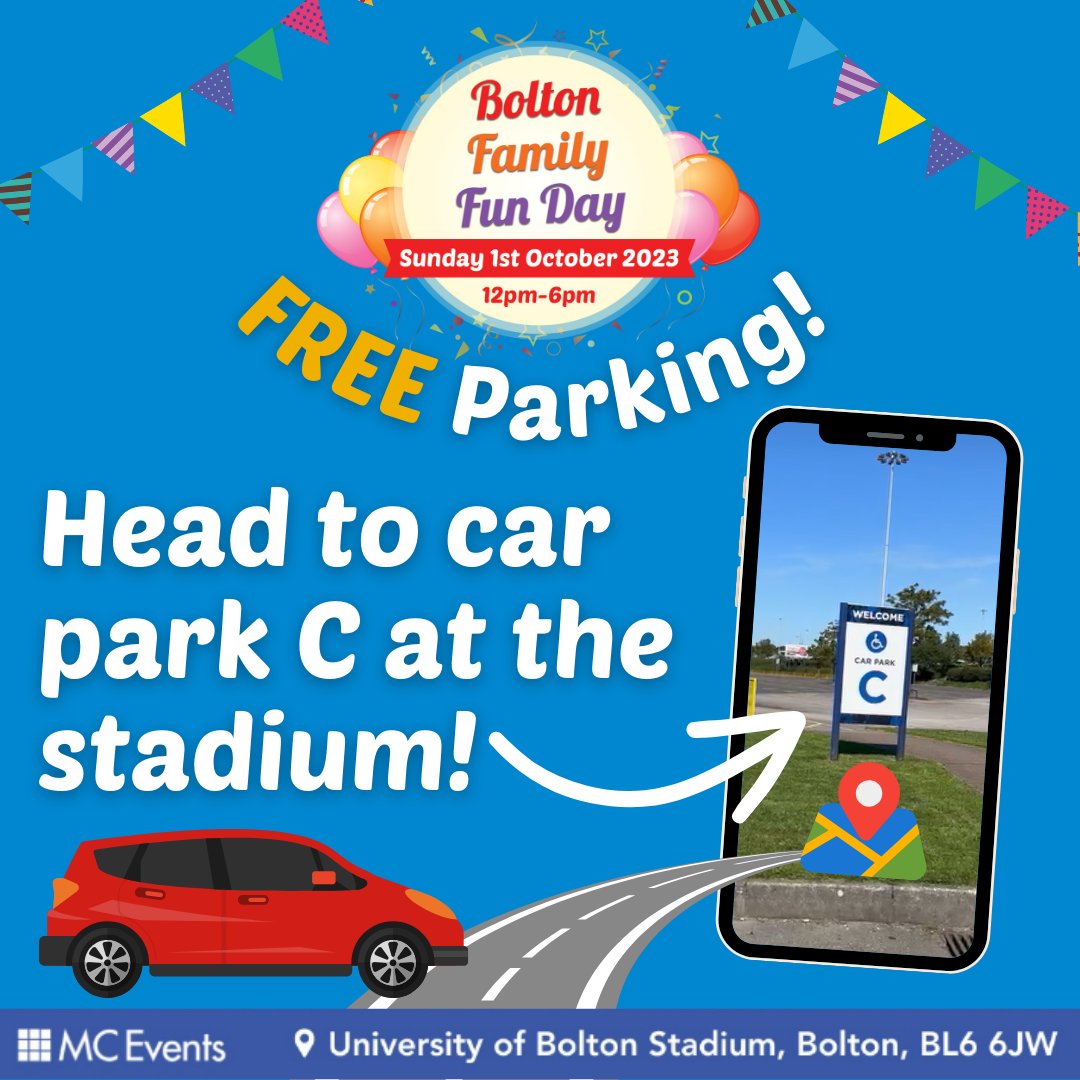 🚗 Park Easy and Enjoy the Fun – For Free! 🚗

📱📍 Input the post code BL6 6JW into your Sat Nav or maps and it will bring you directly to the car park. 🚗

📅 Sunday, 1st October 2023 
⏰ 12 pm to 6 pm

#BoltonFamilyFunDay #FreeParking #CarParkC #BoltonEvents 🎈🎉