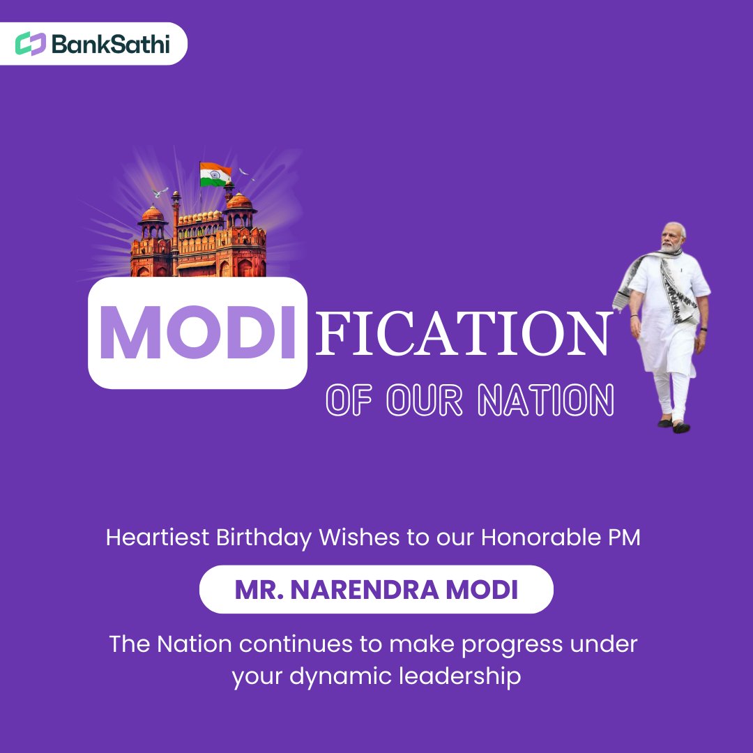 banksathi1's tweet photo. Happy Birthday to the Prime Minister of Modifications shri @narendramodi  🎉

#HappyBirthdayModiJi #BirthdayWishes #Modi #modibirthday #finance #fintech #banksathi https://t.co/i2dllFv32Y