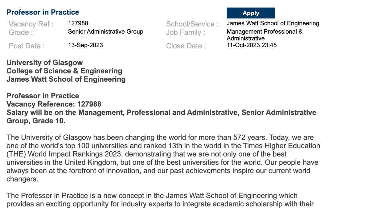 To all my colleagues and friends in #industry, we at <a href="/UofGEngineering/">UofG Engineering</a>, are looking for a #Professor in #Practice.

#RetweeetPlease #share #industry #Jobs #collaboration
