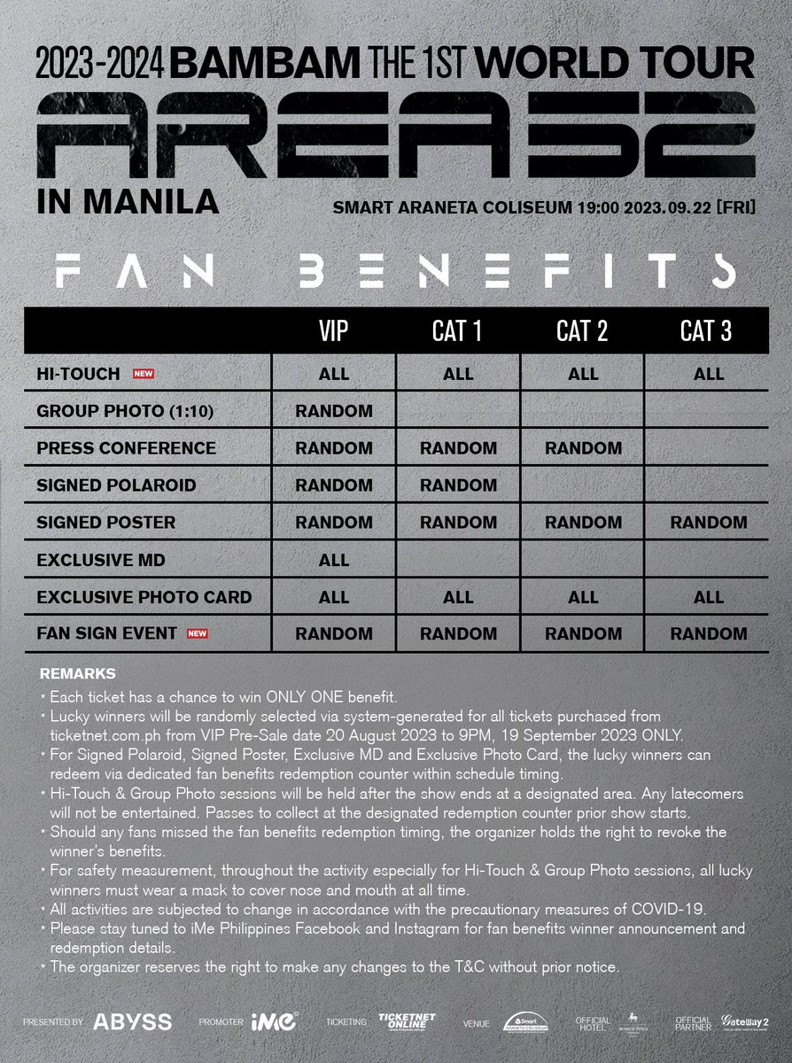 To celebrate the success of The first stop of the 2023-2024 BamBam THE 1ST WORLD TOUR [AREA 52] in SEOUL, BamBam brings good news to all MANILA IGOT7! FAN BENEFIT BOOST -HI-TOUCH for ALL ticket purchasers -LuckyDraw for all FanBenefit due date extended to 19 September 2023 9PM