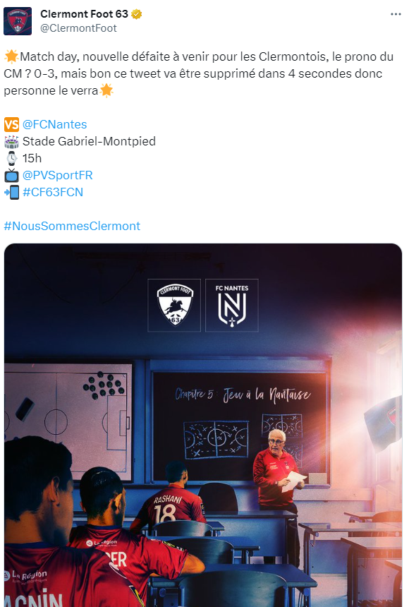 C0xez's tweet photo. Le tweet totalement lunaire du @ClermontFoot, il a été supprimé quelques secondes après.
Vous avez un bon CM dis donc les Clermontois 😂😂😂

#CF63FCN #CF63 #FCNantes https://t.co/Fqu0sOlje8