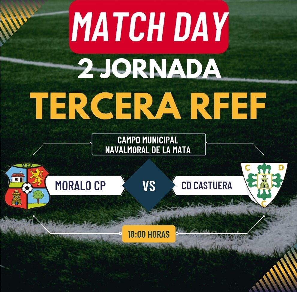 MATCH DAY
📅 17 septiembre 
🕓 18'00 horas 
✅️ <a href="/CastueraCd/">𝗖.𝗗. 𝗖𝗔𝗦𝗧𝗨𝗘𝗥𝗔 𝗦.</a>
🏟 Municipal Navalmoral 
💲General 10€
De 14 a 18 años 3€
Menores de 14 años gratis 
Socios y Abonados gratis 
📍Navalmoral de la Mata