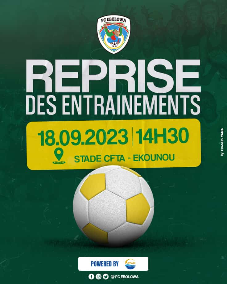 NeEbessa's tweet photo. Back to Stadium !
@FCEbolowa reprend ses activités sportives le #Lundi18Septembre2023 dès #14h30 au #StadeCFTA à #Ekounou.
#FCE
#akiba
#BacktoStadium
#GuinnessSuperLeague4
#PAK
#EnsembleEcrivonsLhistoire https://t.co/o7JOfiQkl3