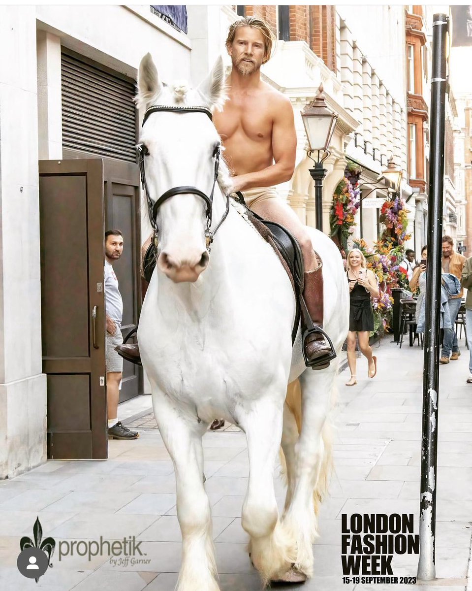 Opening night at #londonfashionweek our designer #JeffGarner of Prophetic rides Winston down Burlington Gardens basically naked (#hemp boxers only)to prove a point “best be naked then clothed in toxic synthetic clothing”. Then his  #sustainableplant dyed #catwalk collection ‘let