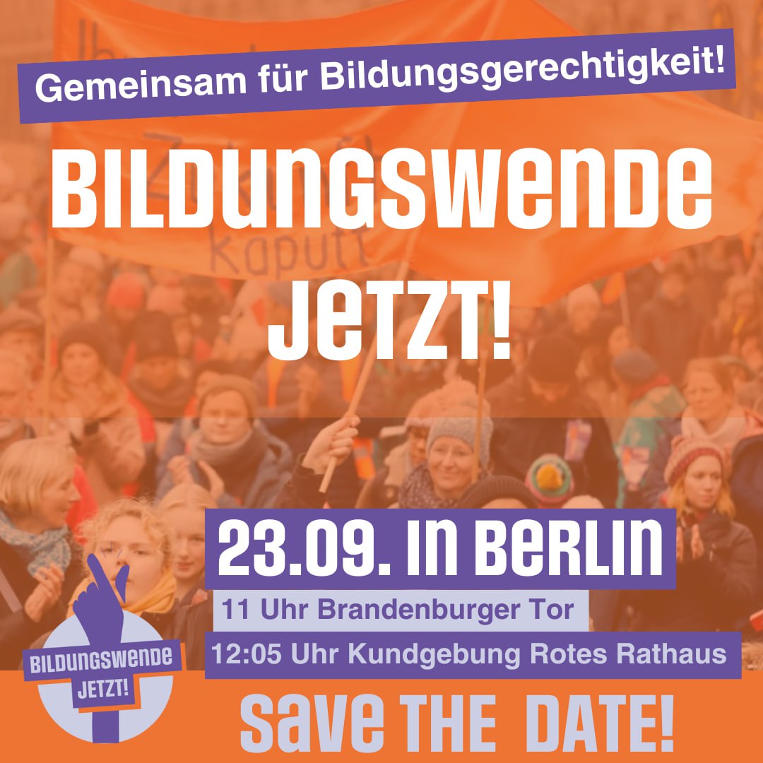 50.000 Jugendliche jedes Jahr ohne Abschluss? Und wir schauen zu?
Nächsten Samstag, am 23.09., wird es laut für die #Bildungswende, auch in #Berlin
Bist du dabei? 
#twlz #twkita