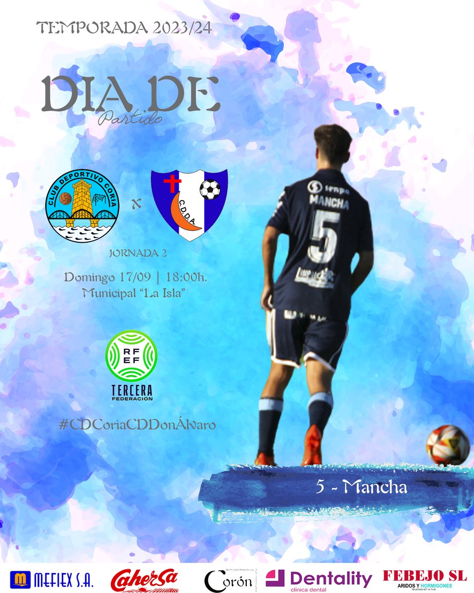 MATCH DAY | 🏆 | 3ª RFEF G-XIV | ⚽️ |
🟦 Jornada 2 | <a href="/latercera/">La Tercera</a> | <a href="/Tercerarfefinfo/">Tercera Federación / RFEF Info</a> 
🗓️ 17/09 | 🕕 | 18:00h. 
🏟️ | Municipal "La Isla" | 🏘️ | Coria
💙🤍 <a href="/CDCORIA/">Club Deportivo Coria</a> ✖️ <a href="/CD_DonAlvaro/">C.D.Don Álvaro</a> 💚💙
#cdcoriacddonalvaro