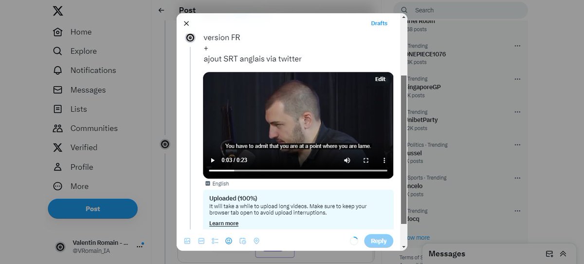 VRomain_IA's tweet photo. Fait chier

Je ne peux pas envoyé de tweets de réponse

ça me le fait souvent souvent ça

j'upload la vidéo et elle bloque à 100% https://t.co/27pOSzflZM