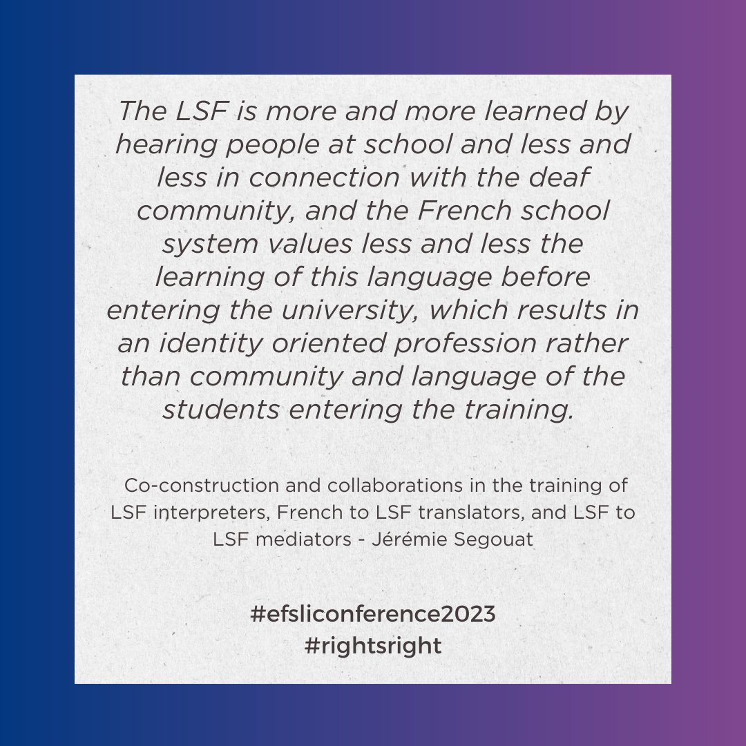 efsli2023's tweet photo. Learning about Co-construction and collaborations in the training of LSF interpreters, French to LSF translators, and LSF to LSF mediators by Jérémie Segouat.
#efsli #efsli2023 #conference #rightsright #thessaloniki #skg #signlanguageinterpreter #1nt #interpreting #1ntSL #sdeng https://t.co/JAxhj51yJx