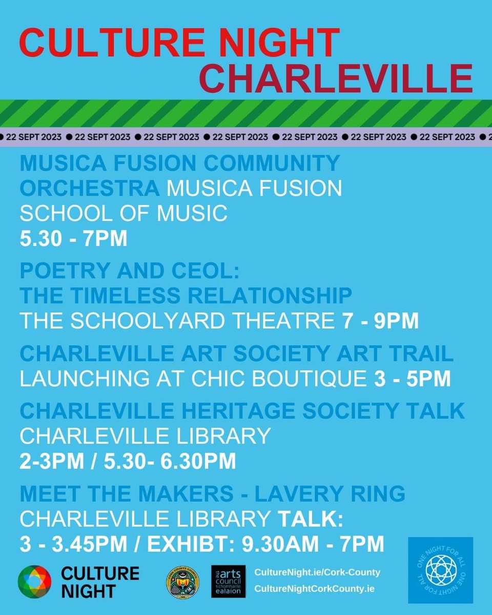 Culture Night #Charleville 2023
 Please join us at any of the events, this Friday. My talk is on Eliza Lynch Paraguay’s Irish national heroine’, at the Library. 
All events are  FREE . No booking .#Art #music #history #Heritage #CultureNight #OícheChultúir #OneNightForAll