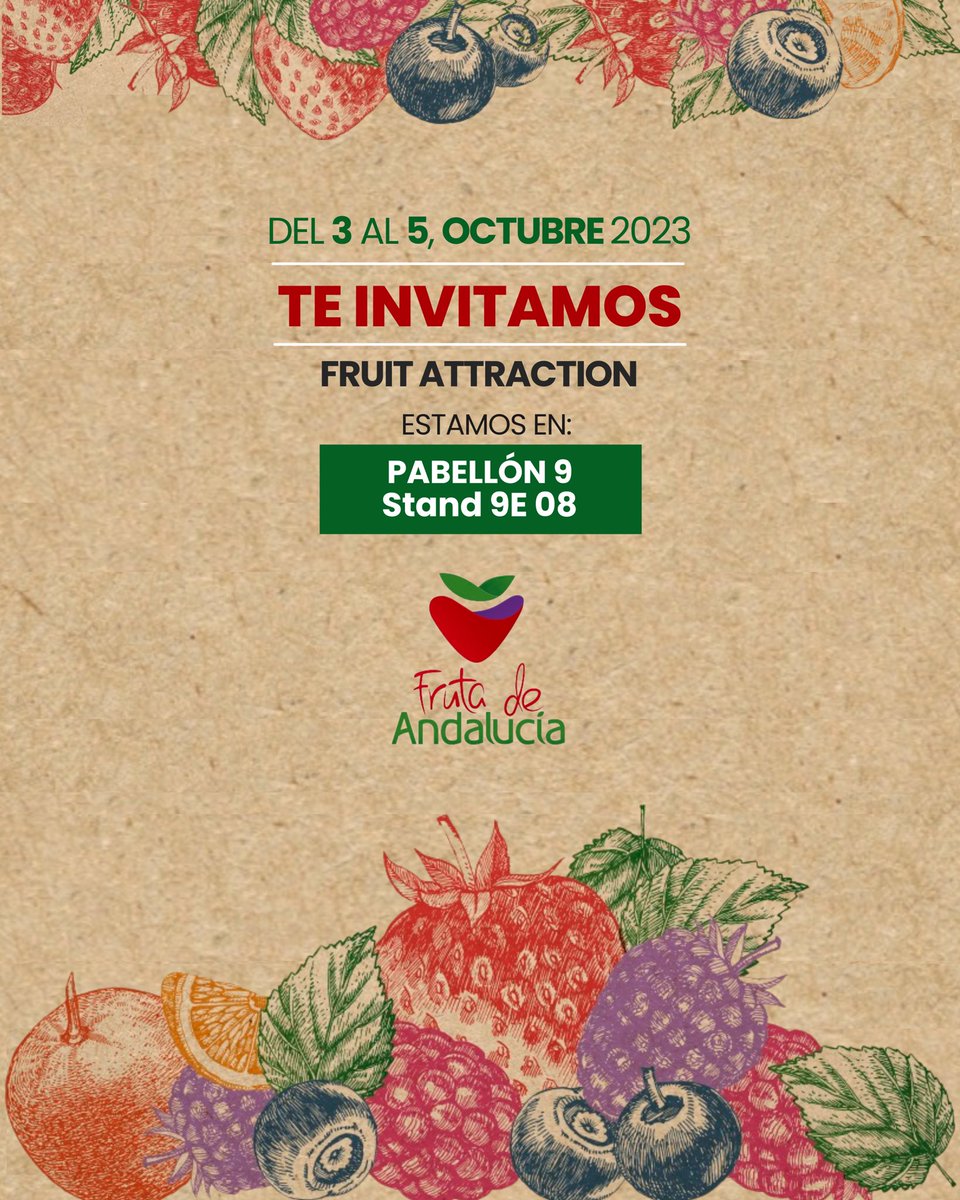 FRUTA DE ANDALUCÍA estará en <a href="/FruitAttraction/">Fruit Attraction</a>, la feria internacionales de las frutas y verduras. Del 3 al 5 de octubre de 2023 presentamos nuestro trabajo para producir y comercializar nuestros frutos rojos y cítricos. 

📍Te esperamos en IFEMA #Madrid, Pabellón 9, Stand 9E 08.