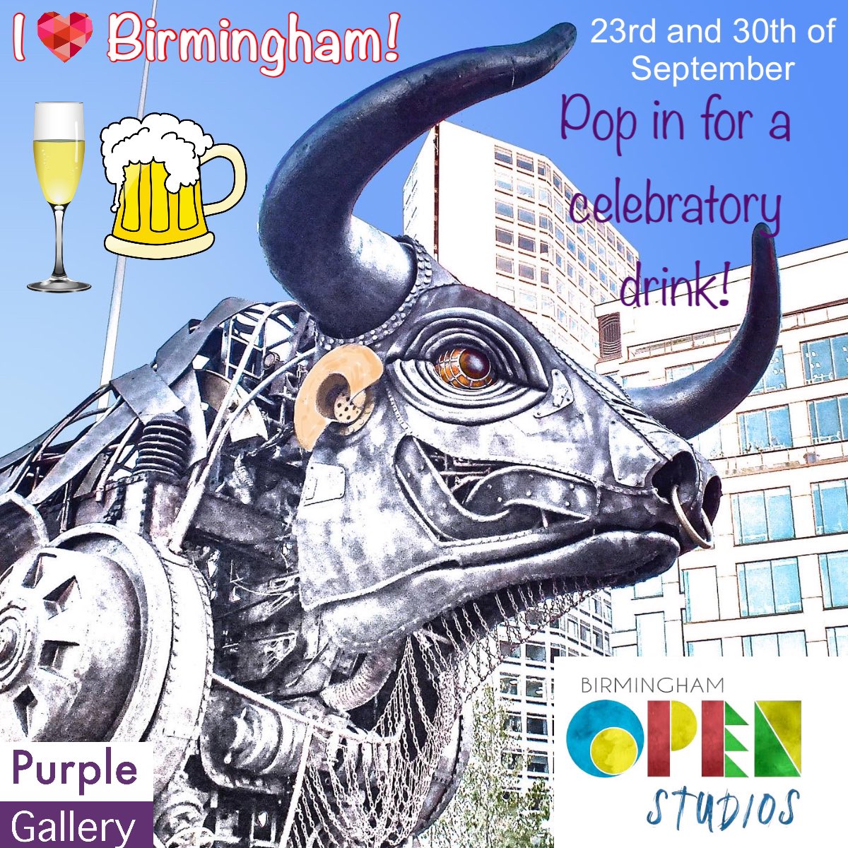From next Saturday we are celebrating being part of the Birmingham Open Studios Art Trail. We have featured artists to meet and greet. We will be filling the gallery with Birmingham Art by Birmingham based artists. We will be serving drinks throughout! purplegallery.com