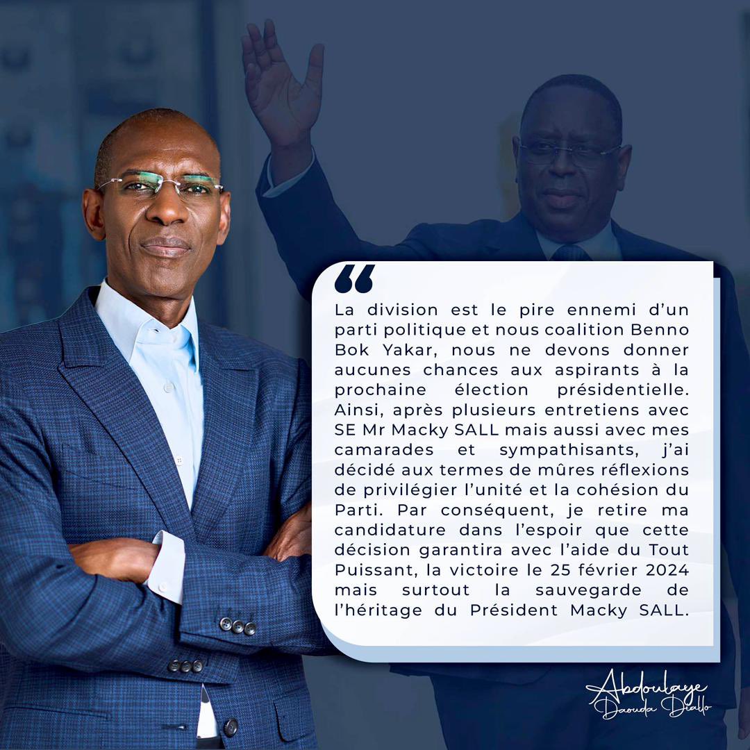 La division est le pire ennemi d’un parti politique et nous coalition Benno Bok Yakar, nous ne devons donner aucunes chances aux aspirants à la prochaine élection présidentielle. 
Ainsi, après plusieurs entretiens avec SE Mr Macky SALL mais aussi avec mes camarades et