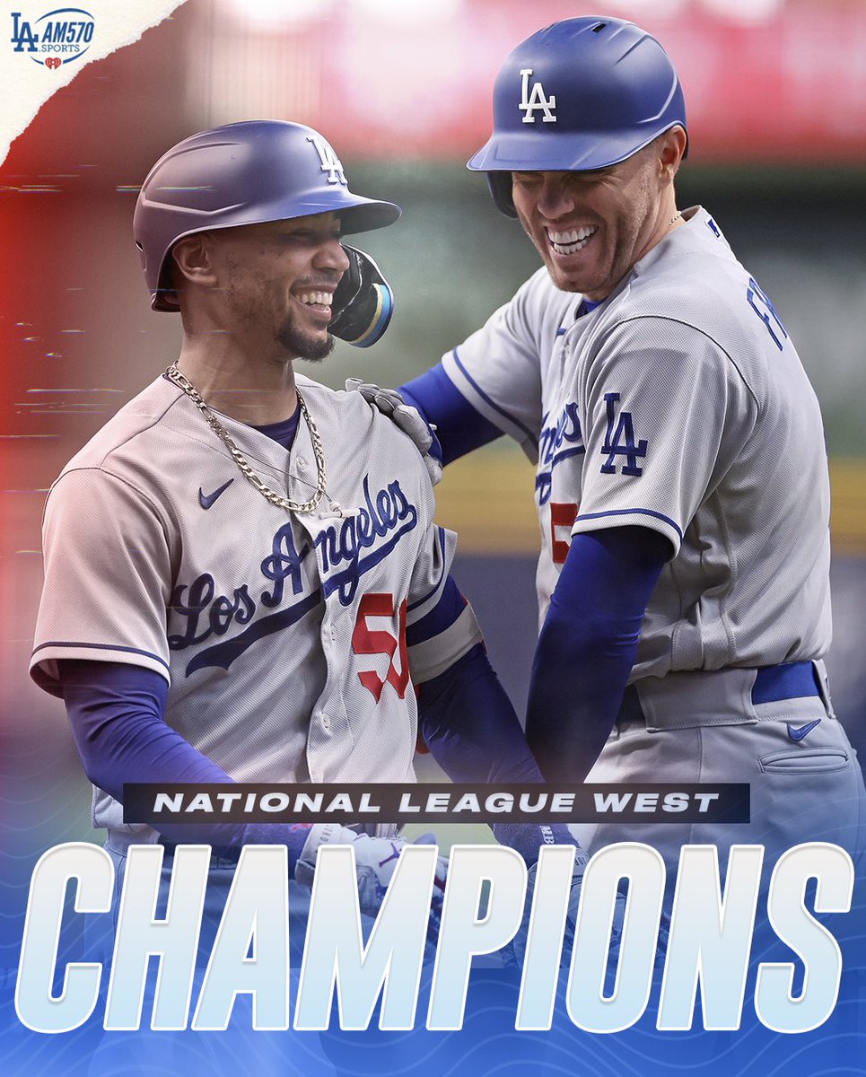 AM 570 LA Sports (@am570lasports) on Twitter photo CHAMPS OF THE NL WEST! @dodgers have clinched their 10th NL West title in 11 years 🔥🔥🔥
Listen in to the post-game celebration here on <a href="/AM570LASports/">AM 570 LA Sports</a>:
🎧: am570lasports.com/listen CHAMPS OF THE NL WEST! @dodgers have clinched their 10th NL West title in 11 years 🔥🔥🔥
Listen in to the post-game celebration here on <a href="/AM570LASports/">AM 570 LA Sports</a>:
🎧: am570lasports.com/listen