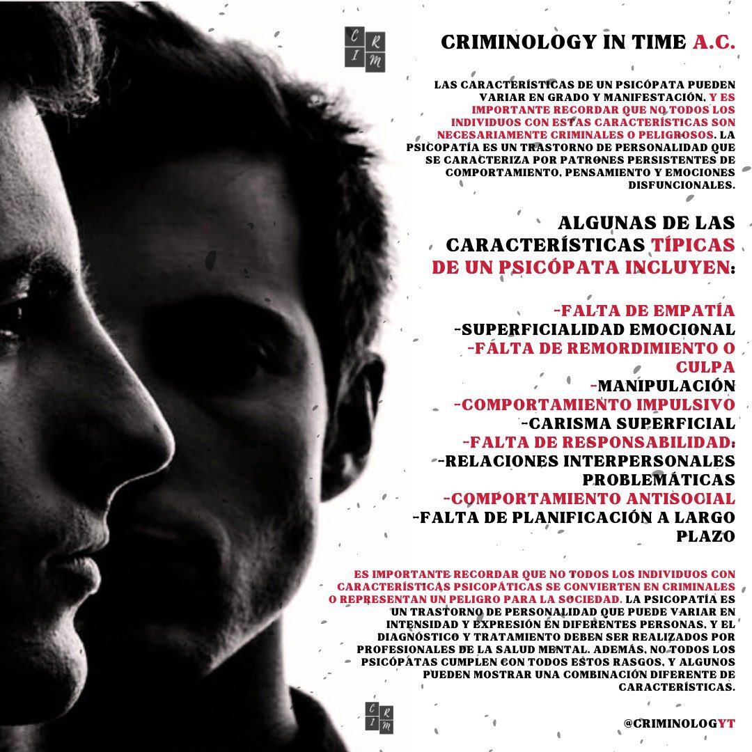 CriminologyT's tweet image. 🔸 Aquí te dejamos unas características de un Psicopata:  

💭 🧠 👀 

¿Y tú que piensas?