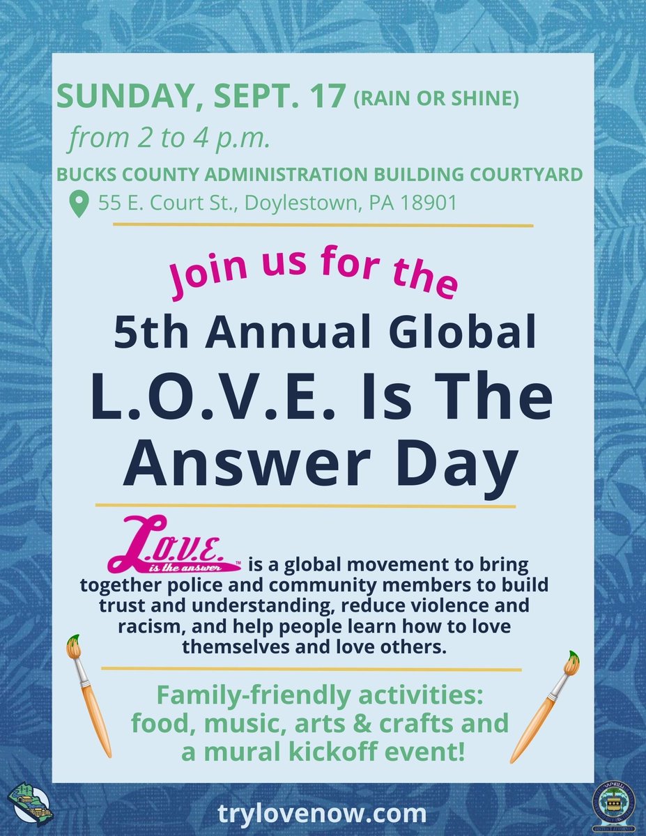 Come join us and help paint a mural celebrating the 5th annual L. O. V. E. Is The Answer Day in Doylestown today, Sunday 9/17 - food, music, &amp; more there, too #trylovenow