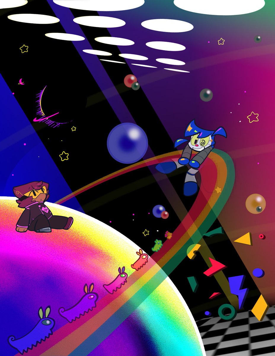 trinketfox's tweet image. 🚀 ROCKET CHIP 💫
Rocket is a gloomy runaway alien. Chip is a fun-loving, slightly glitchy robot! These unlikely friends are stuck together, traveling through a surreal galactic city, trying to find a place where they belong. Even if it means visiting each planet one by one.