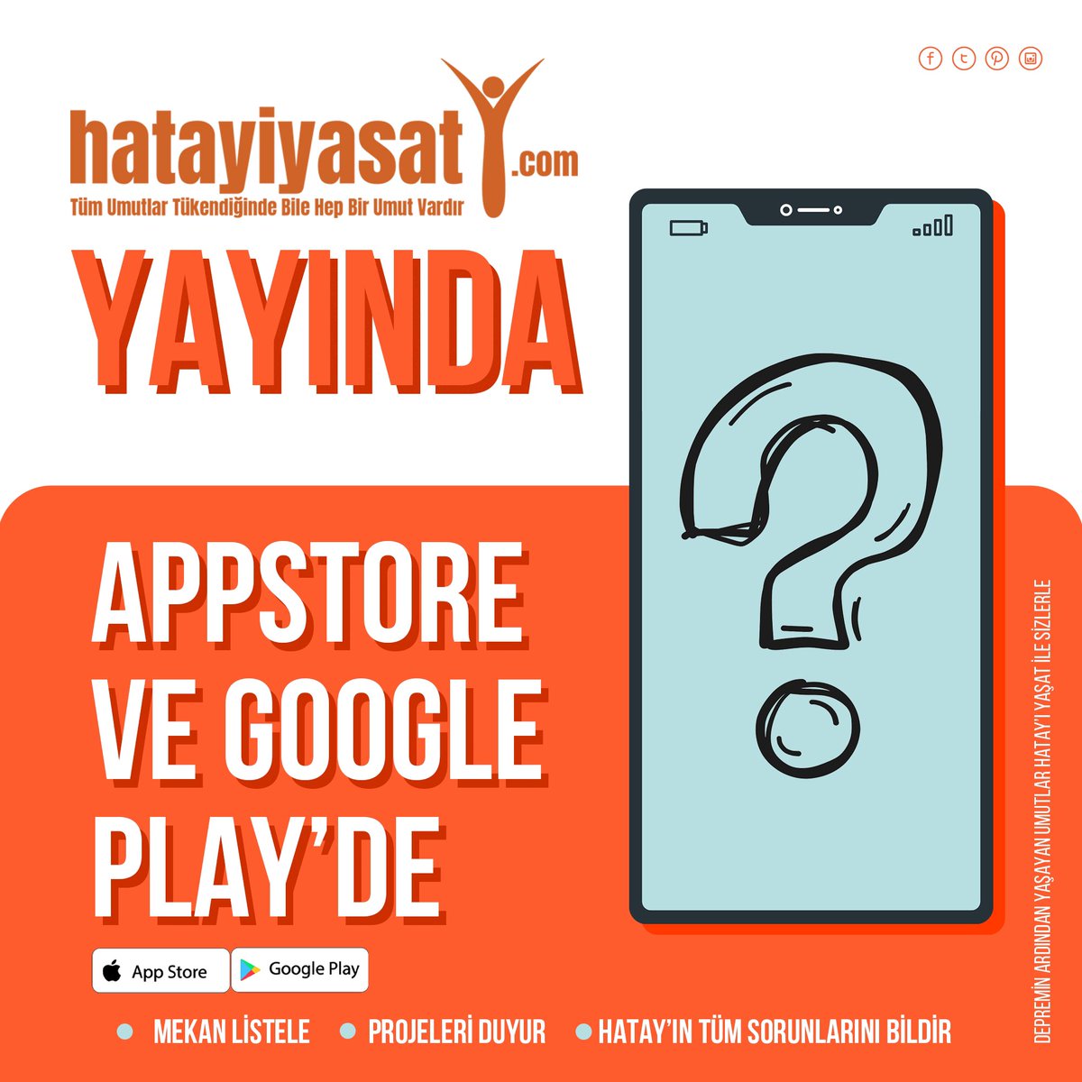“ Hatay’ı Yaşat “ mobil uygulamamız GooglePlay ve AppStore’da yayında ❤️‍🩹

Yerelde depremin ardından hayata geçen firma kayıtlarımız bugün itibariyle başlıyor. Her firma kayıt ettirildiğinde sizler bunu bildirim olarak göreceksiniz. 

Firma sahibi dostlarımız uygulamayı indirerek