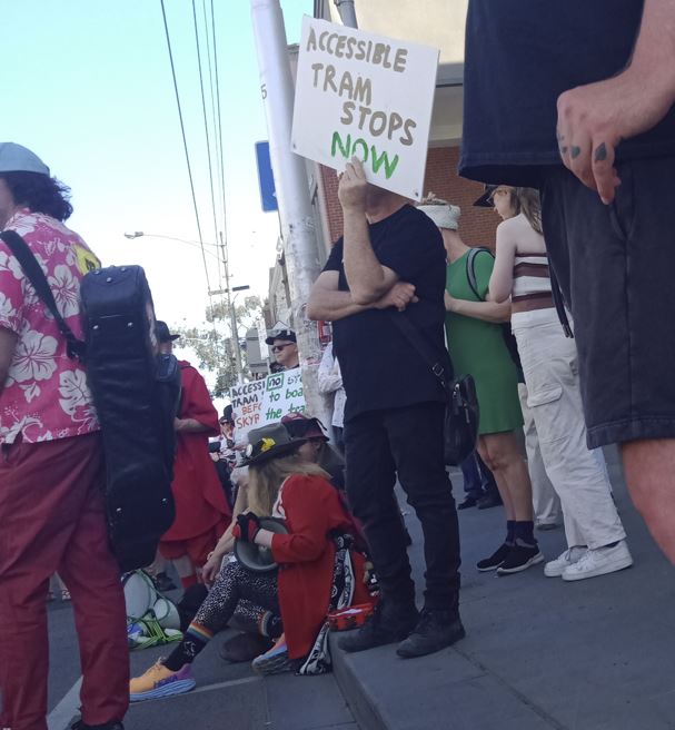 I took part in the rally today, Sydney Rd Brunswick.

The 19 tram line has no accessible stops for 5.5km, so disabled ppl on scooters etc are forced to use the train.

But the train line is about to close while they do LXR, leaving disabled ppl stranded.

#AccessibleForAll