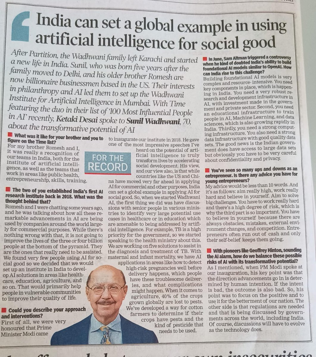An interview of Mr. Sunil Wadhwani, founder of WISH and co-founder of Wadhwani Institute of AI (alongwith his elder brother Mr Romesh Wadhwani); published in today's ToI. Recently, both featured in the Time Magazine. Very inspiring! @MoHFW_INDIA @PMOIndia @WadhwaniAI @NITIAayog