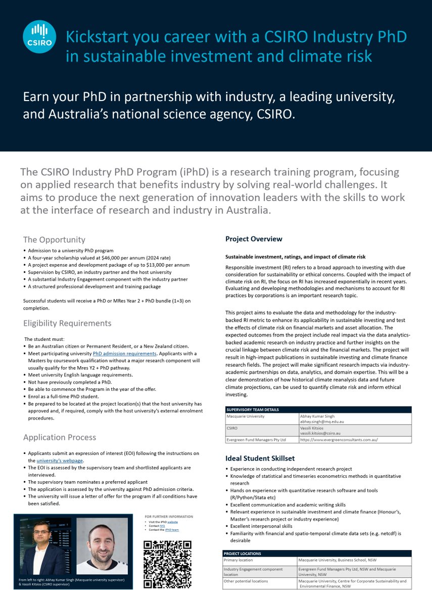 📢 Research Scholarship Alert 💵46,000 AUD per year tax free and more!!! 📢
Do you want to put your analytical skills to work to further investigate the world of responsible investing? Then this is the opportunity for you!! 
Details ➡️mq.edu.au/research/phd-a… #Sustainability