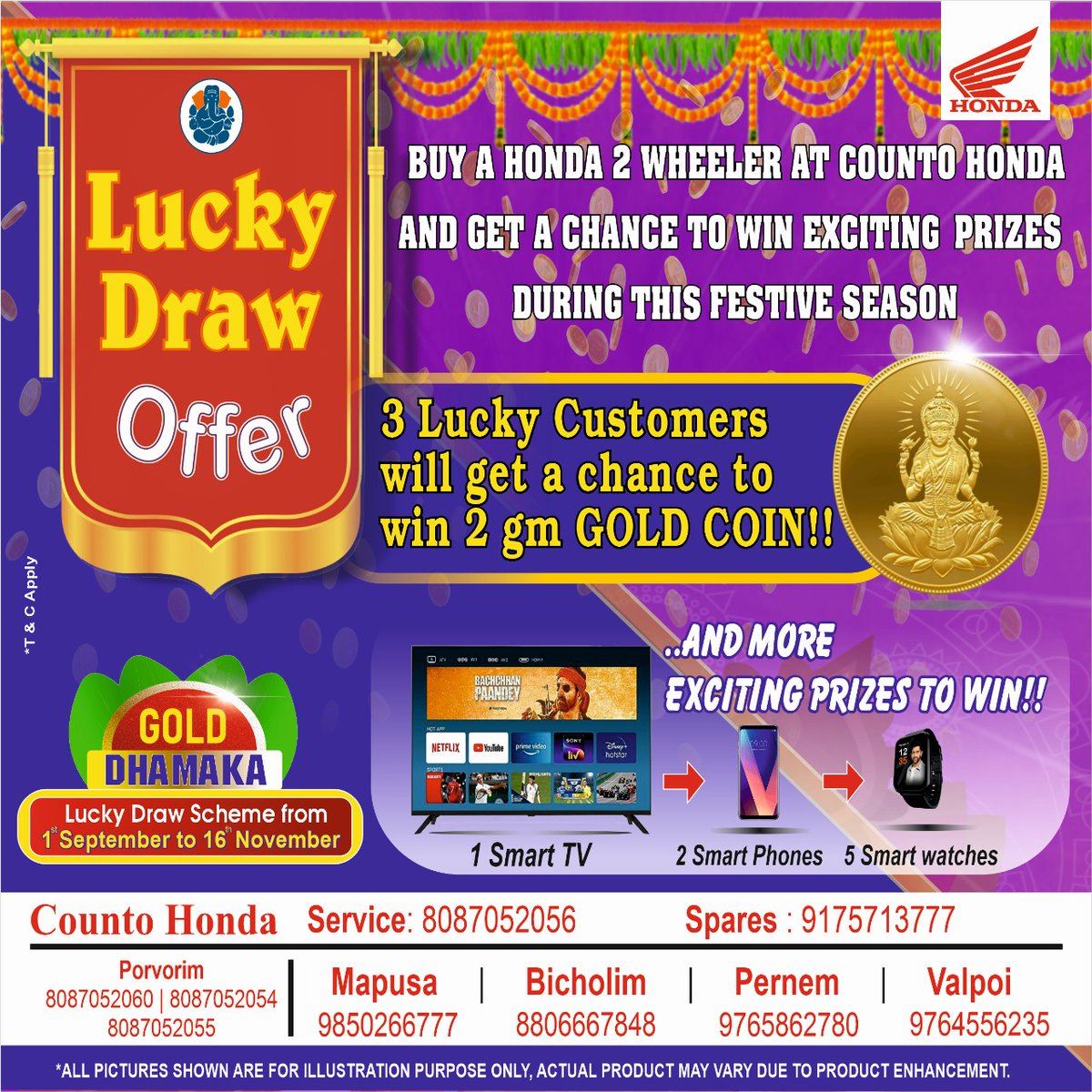 goanewshub's tweet photo. #Advt #CountoHonda #LuckyDrawOffer || Buy a Honda 2 Wheeler at Counto Honda and get a chance to win exciting prizes during this festive season. 3 Lucky Customers will get a chance to win 2gm Gold coin and many more exciting prizes. https://t.co/uRmCSDSUik