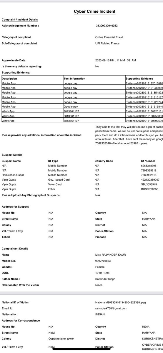 docsultansingh's tweet image. मेरी भतीजी के साथ कल 23920rs का साइबर फ्रॉड हो गया| उसको नौकरी के लालच में ये पैसे google pay के द्वारा ठग्गे गये हैं मैंने cybercrime की site पर complaint भी रजिस्टर कर दी है कृपया मदद करे। जो हमारी मेहनत की कमाई है उससे वापस दिलाने का पर्यास करे। @cmohry @KKR_POLICE @SCBHaryana