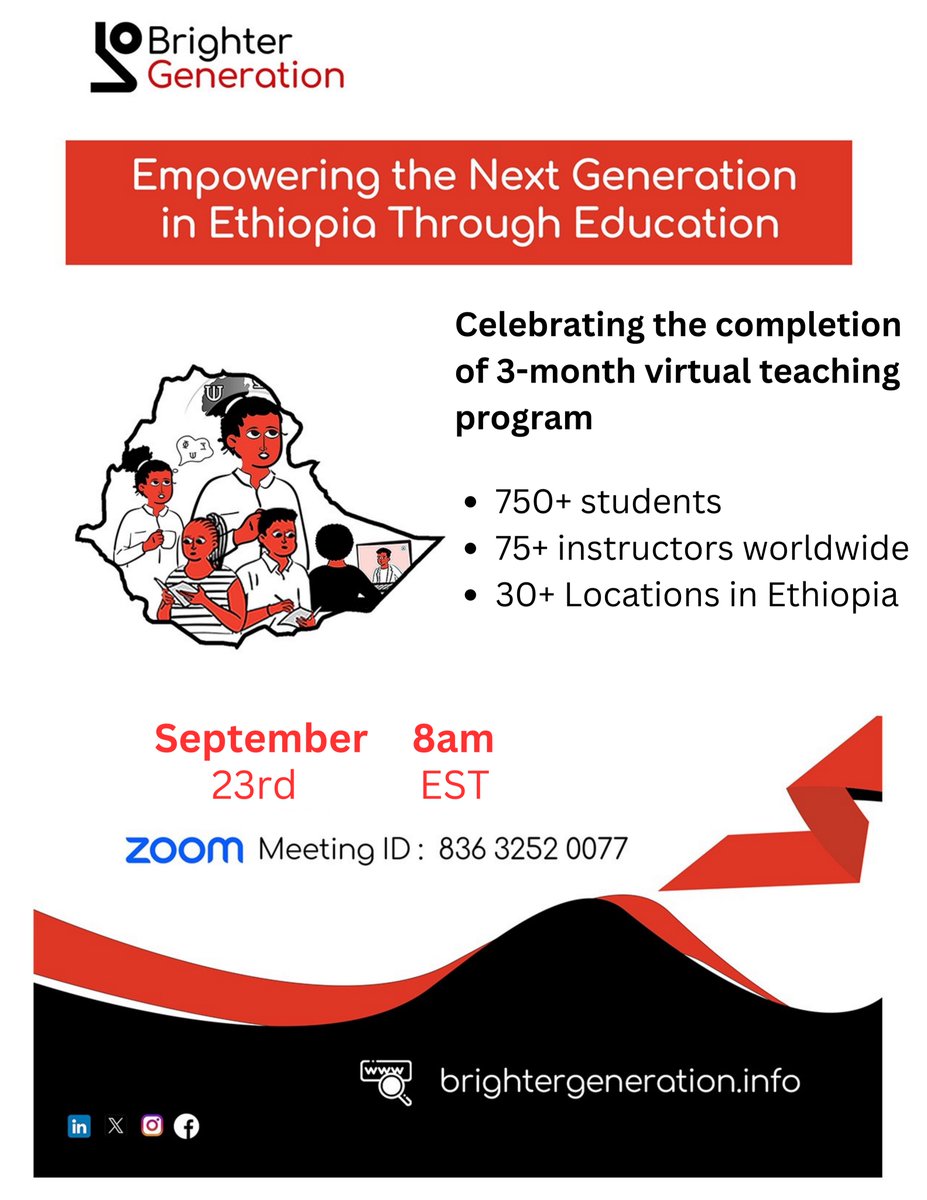 Brighter_Gen's tweet photo. Announcement- Brighter Generation, cordially invites you to the 2023rd graduation program. Join us to celebrate the completion of a 3-months virtual teaching program on Sept 23 (8am EST), where 75+ instructors worldwide taught enriching courses to 750 students in Ethiopia. #BG https://t.co/9U3RtKTORt