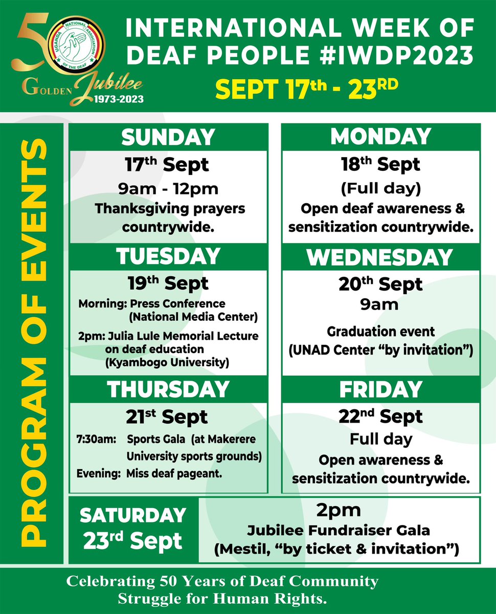 2023 Int’l Week of Deaf Pple is here. Take a look at Uganda program of events. You can participate anywhere you are by learning sign language &amp; creating awareness. Celebrating 50 years of #deafcommunity struggle for human rights: A Uganda where every one can sign anywhere…