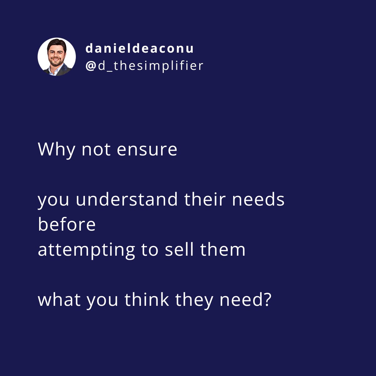 d_thesimplifier's tweet image. Are you trying to convince your clients that they need your product? 

It's easier to understand their needs before attempting to sell them what you think they need.

JUST ASK them what they need, and then craft a solution tailored to their needs. 🎯

#thesimplifier #sales