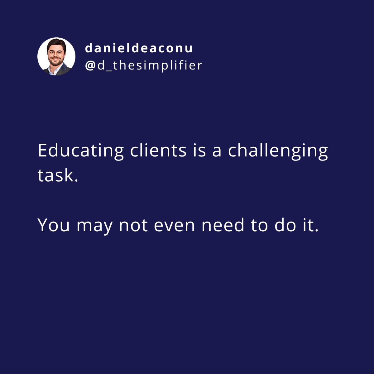 d_thesimplifier's tweet image. Are you trying to convince your clients that they need your product? 

It's easier to understand their needs before attempting to sell them what you think they need.

JUST ASK them what they need, and then craft a solution tailored to their needs. 🎯

#thesimplifier #sales