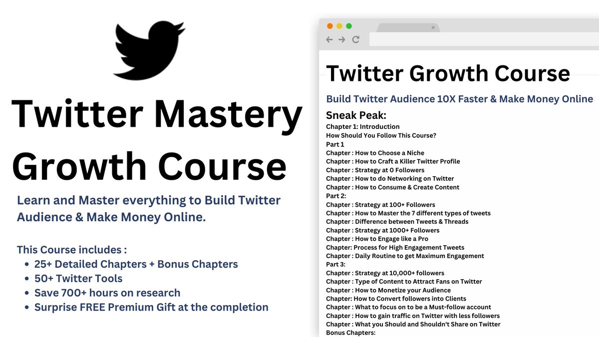 Twitter Creators earn $200K-$400K per year

So I built "The Ultimate Twitter Growth Course" for you
 
You will get:

• 25+ Chapters
• 50+ Twitter Tools
• Save 700+ hrs on research

And for 24 hrs, it's 100% FREE!

To get it,
1. Follow me (so that I can DM)
2. Like
3. Reply "X